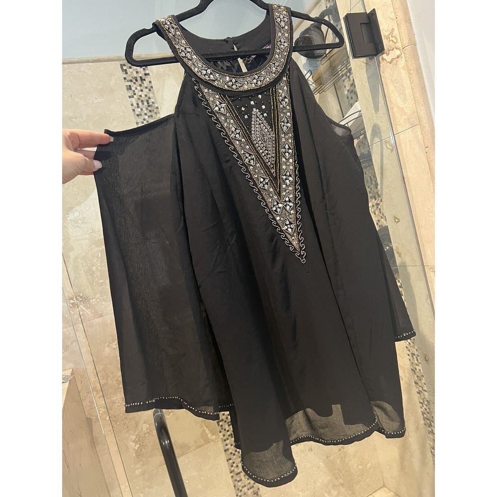 Roaman's Black Chiffon Boho Tunic Top Silver Beads Sequins Women's 14W 1X